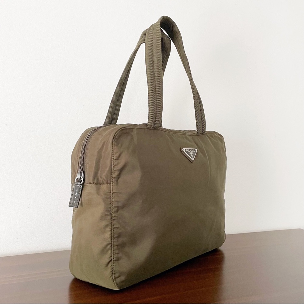 Prada RARE dark green brown nylon triangle logo Boston bag vintage - Picture 3 of 15